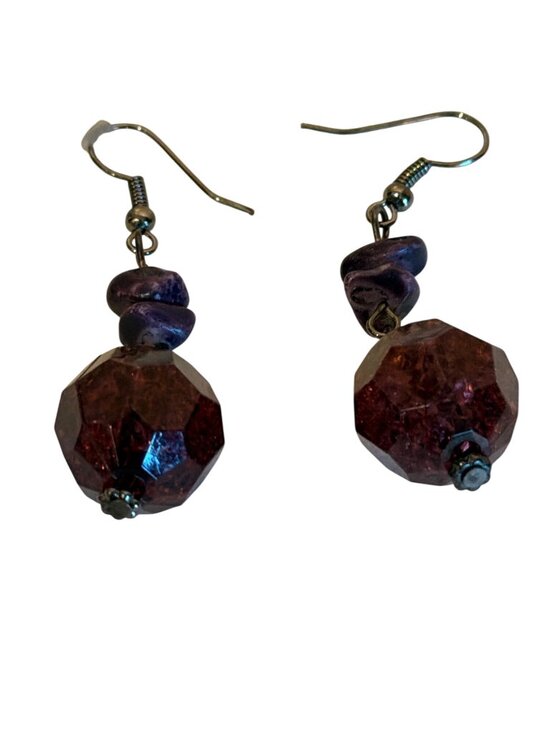 Jewelry - Dangle Drop Earrings Faceted Red & Purple Beaded Sparkly Boho Career 1"